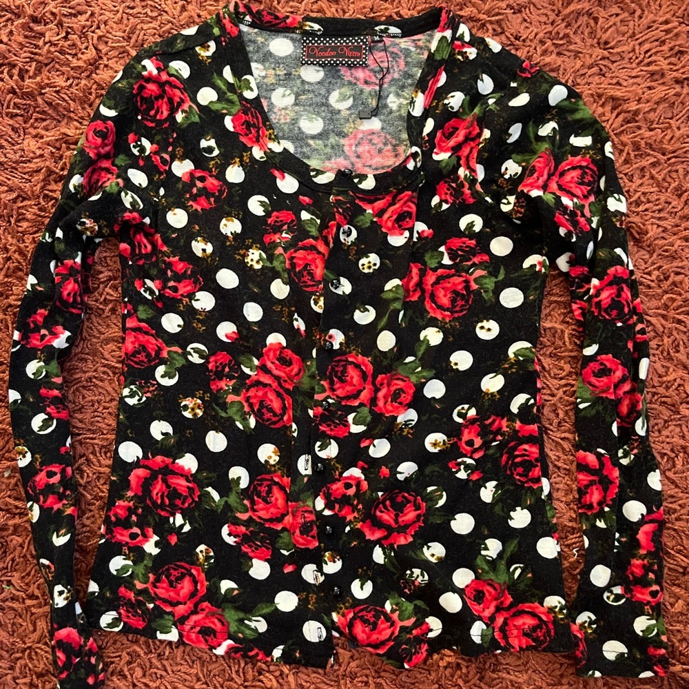 Retro Vintage Remake Rose and Polka Dot Cardigan